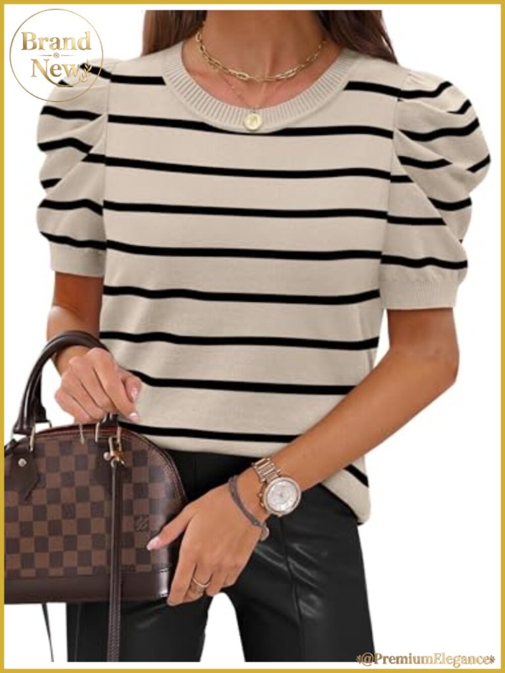 Women's Short Sleeve Knit Pullover Puff Sleeve Crew Neck Striped Tee Blouse